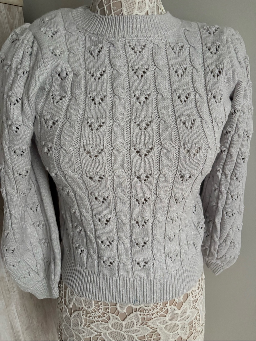 LOFT Light Gray Cable Knit Puff-Sleeve Sweater